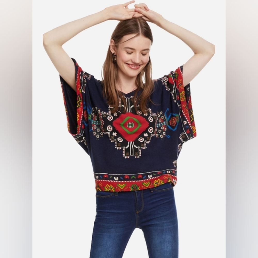 Desigual Batwing Sleeve Colorful Geometric Tie Back T-shirt Womens Size XL